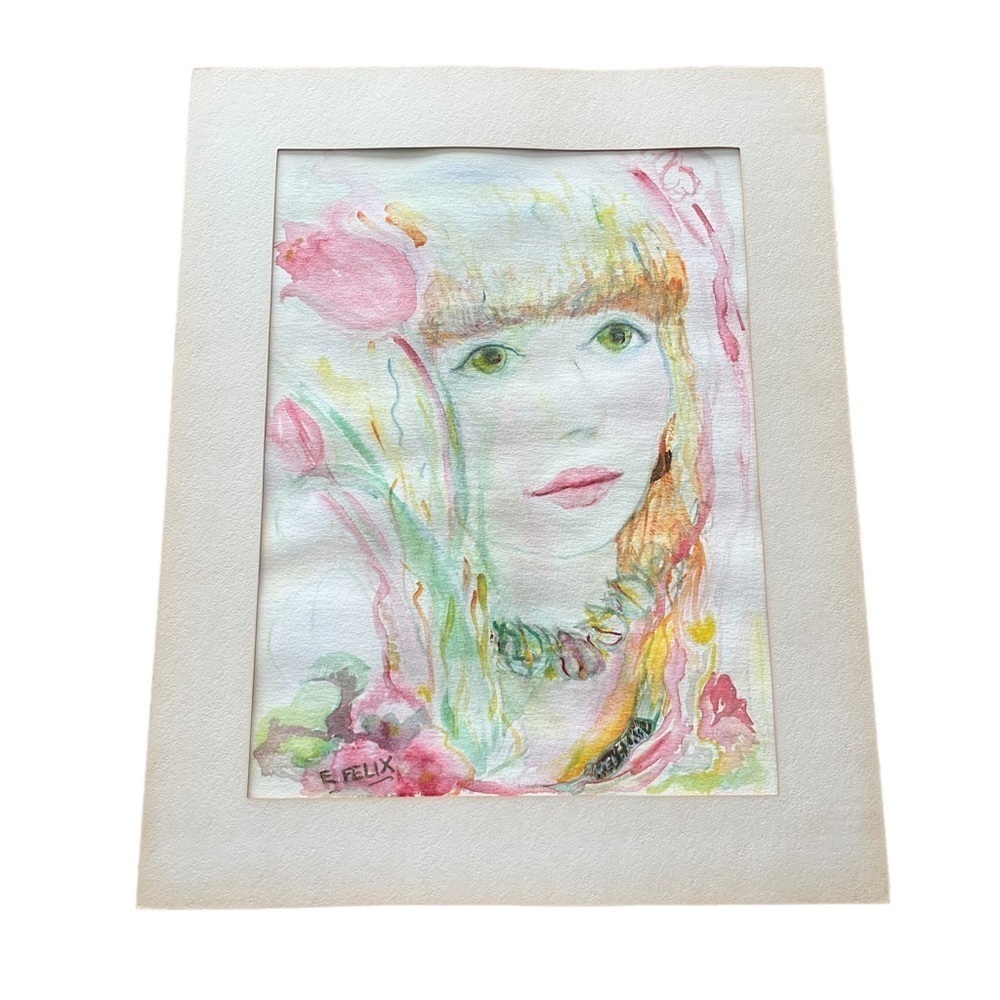 Watercolor Portrait Boho Girl Woman Signed Ester L Felix Dated 1991 Boston